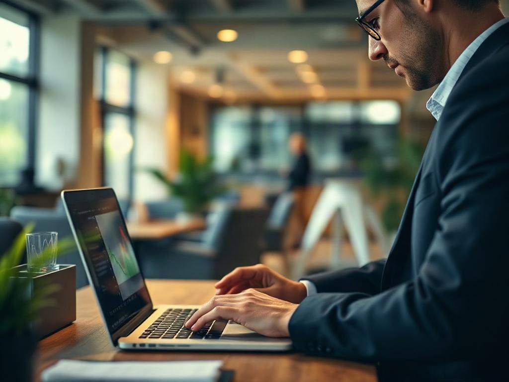 A close-up shot of a business consultant analyzing data on a laptop, with a focus on the screen displaying graphs and charts. The background should be a modern office setting with soft natural lighting, creating an inviting and professional atmosphere. The color palette should emphasize greens and earthy tones, reflecting growth and stability.