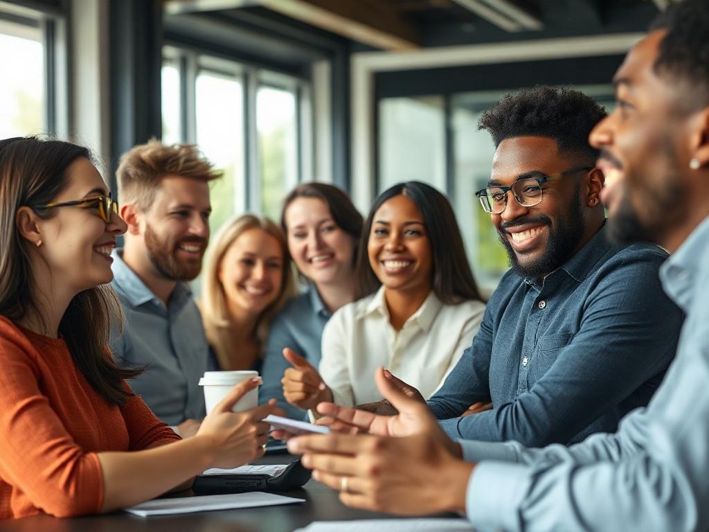 A focused close-up shot of a diverse group of professionals engaged in a dynamic leadership workshop. The setting features a modern conference room with natural light filtering through large windows. The participants are actively discussing ideas, showcasing expressions of enthusiasm and collaboration. The image should convey a sense of engagement and empowerment, highlighting the importance of transformative leadership experiences.