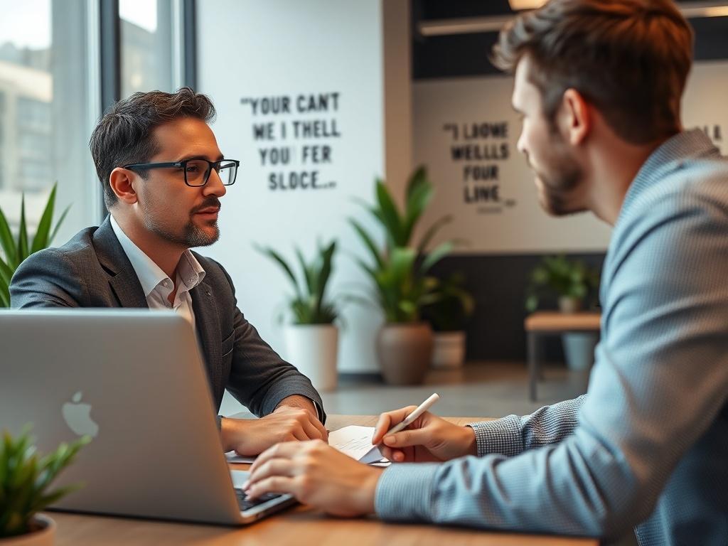 A close-up shot of a business consultant engaged in a discussion with a client in a modern office setting. The consultant is dressed professionally, looking confident and engaged, with a laptop and documents on the table. The background is a clean, well-lit office space with plants and motivational quotes on the walls, creating an inviting atmosphere.