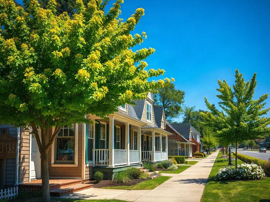 A picturesque street view of Kensington, MD, showcasing charming houses with front porches, vibrant green trees lining the sidewalk, and a clear blue sky. The composition should focus on a single, inviting house that embodies the small-town charm, with flowers blooming in the front yard. The background should include hints of local shops and a peaceful park area, reflecting a thriving community.