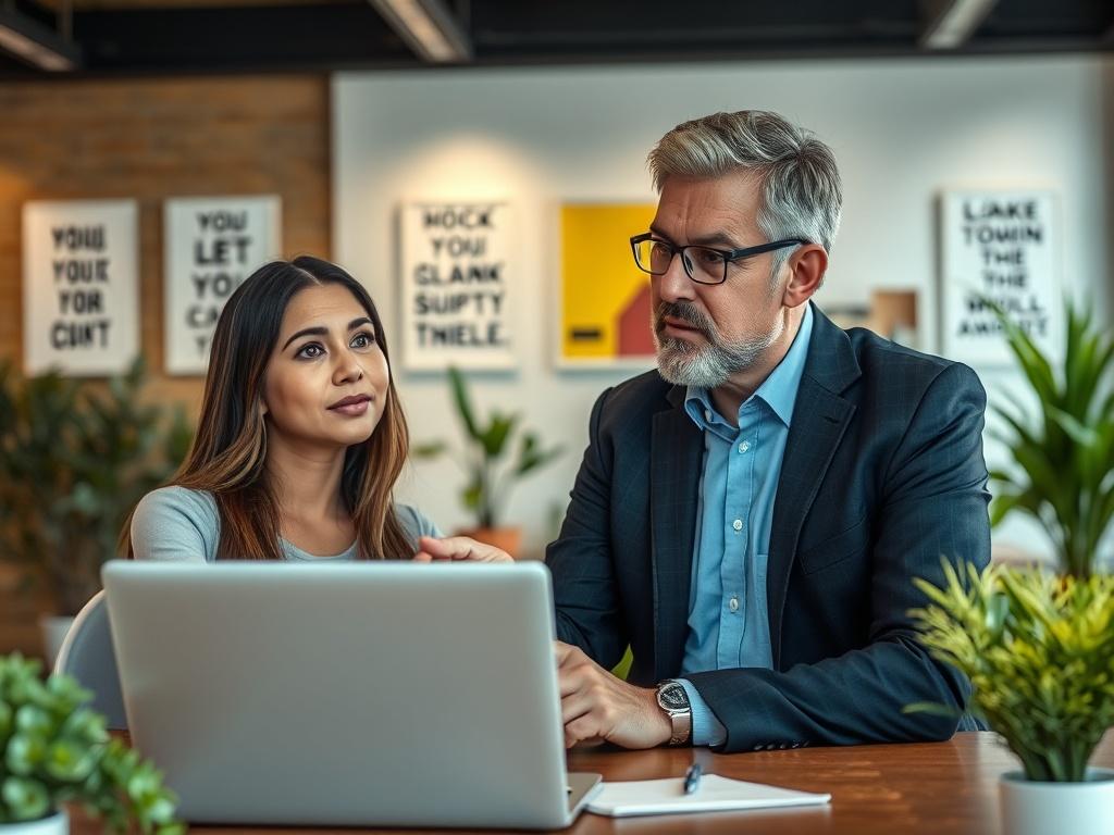 A professional consultant engaged in a discussion with a local business owner in a modern office setting. The consultant, a middle-aged man in business attire, is pointing at a laptop screen while the business owner, a young woman, listens attentively. The background features a well-lit office with plants and motivational posters, creating a productive environment. The focus is on the interaction between the two individuals, capturing their expressions of collaboration and insight.