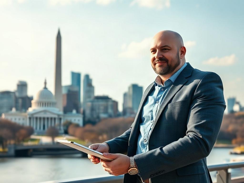 A realistic high-resolution close-up shot of a confident business consultant presenting a plan on a clipboard, set against a backdrop of the iconic Washington DC skyline. The focus should be on the consultant with a blurred background, capturing the essence of professional guidance and expertise. The image should reflect a bright and engaging atmosphere, emphasizing clarity and professionalism, and be compatible with the rgb(67, 92, 29) primary color.