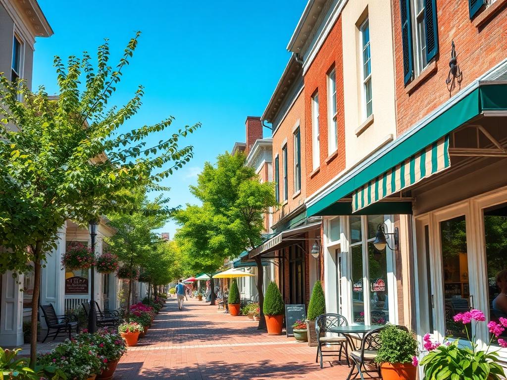 A high-resolution photo of a picturesque street in Vienna, VA, showcasing charming small-town architecture and lush greenery. The focus should be on a single street lined with quaint shops and cafes, captured in a natural setting with clear blue skies. The composition should highlight the inviting atmosphere of the town, with vibrant flowers and well-kept sidewalks. The shot should be taken with a 45mm f/1.2 lens for a shallow depth of field, emphasizing the details of the buildings and outdoor seating area