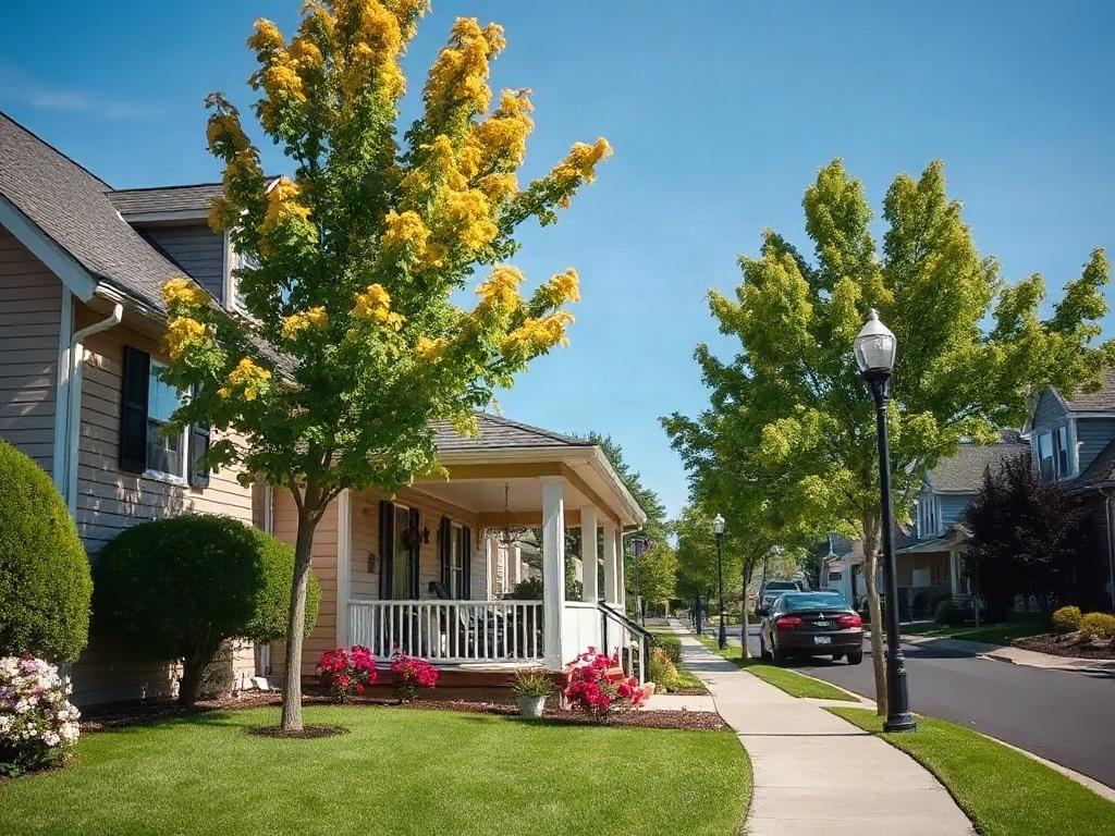 A high-resolution close-up shot of a serene neighborhood in Poolesville, MD, showcasing charming homes with gardens, trees lining the street, and a clear blue sky. The composition should focus on a single home with an inviting front porch, surrounded by vibrant flowers and green grass. Use a hyper-realistic style, emphasizing the warm and welcoming atmosphere of the community.