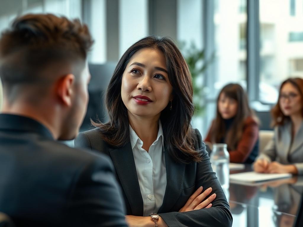 A close-up shot of a confident leader in a modern office setting, engaged in a discussion with team members. The subject is a middle-aged Asian woman, wearing professional attire, exuding charisma and authority. The background includes a sleek conference table and contemporary decor, with soft natural lighting enhancing the scene. The image should reflect a hyper-realistic style, capturing the essence of leadership and collaboration.
