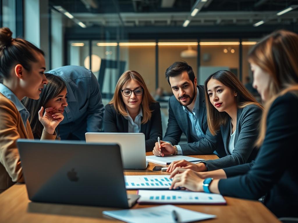 A hyper-realistic close-up shot of a digital marketing strategy session in an office setting. The image should focus on a diverse group of professionals collaborating around a table with laptops and digital devices, discussing charts and marketing strategies. The background should be softly blurred, highlighting the engaged expressions of the team members. The primary color theme should align with rgb(67, 92, 29). Shot with a 45mm f/1.2 lens.