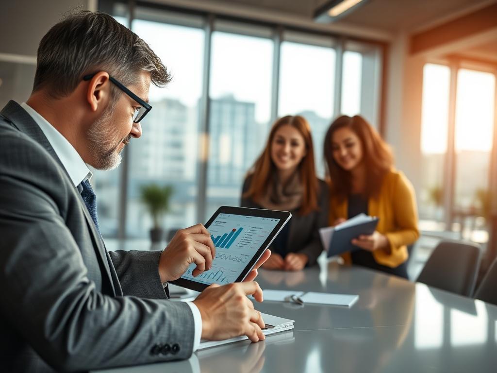 A close-up shot of a professional business consultant engaging with a diverse group of clients in a modern office setting. The consultant, a middle-aged man in a suit, is pointing at a digital tablet displaying business analytics. The clients, a young woman and a young man, are attentively listening and taking notes. The background features a sleek conference table and a large window with natural light pouring in, creating an inspiring and collaborative atmosphere.