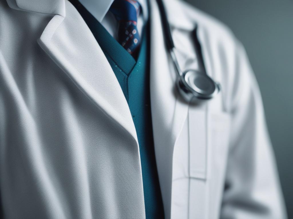 A hyper-realistic close-up shot of a doctor wearing high-quality hospital clothing, showcasing the fabric's texture and details. The background is softly blurred to emphasize the subject, with warm lighting that highlights the professional look and comfort of the attire. The colors in the image should harmonize with the rgb(122, 86, 4) primary color.
