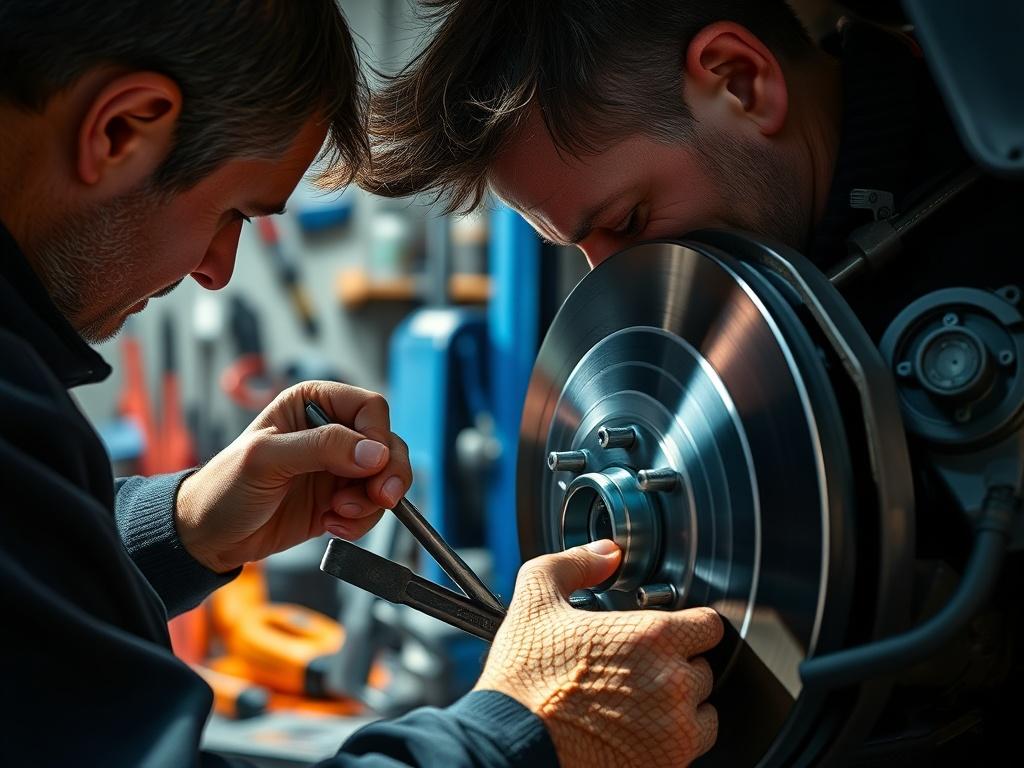 A close-up shot of a mechanic inspecting brake components on a vehicle. The mechanic is focused and checking pads and rotors with tools. The background includes tools and parts scattered around, giving a realistic garage feel. The lighting is clear and bright, emphasizing the brake components, with the primary color theme of rgb(50, 170, 39) subtly present.