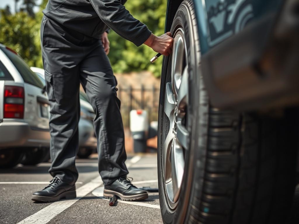 A close-up shot of a mechanic replacing a tire on a vehicle parked in a parking lot. The mechanic is actively working with tire replacement tools, showcasing the process. The background includes vehicles and greenery, capturing a typical outdoor environment. The lighting is bright, enhancing the focus on the tire and mechanic, with the primary color theme of rgb(50, 170, 39) integrated into the setting.