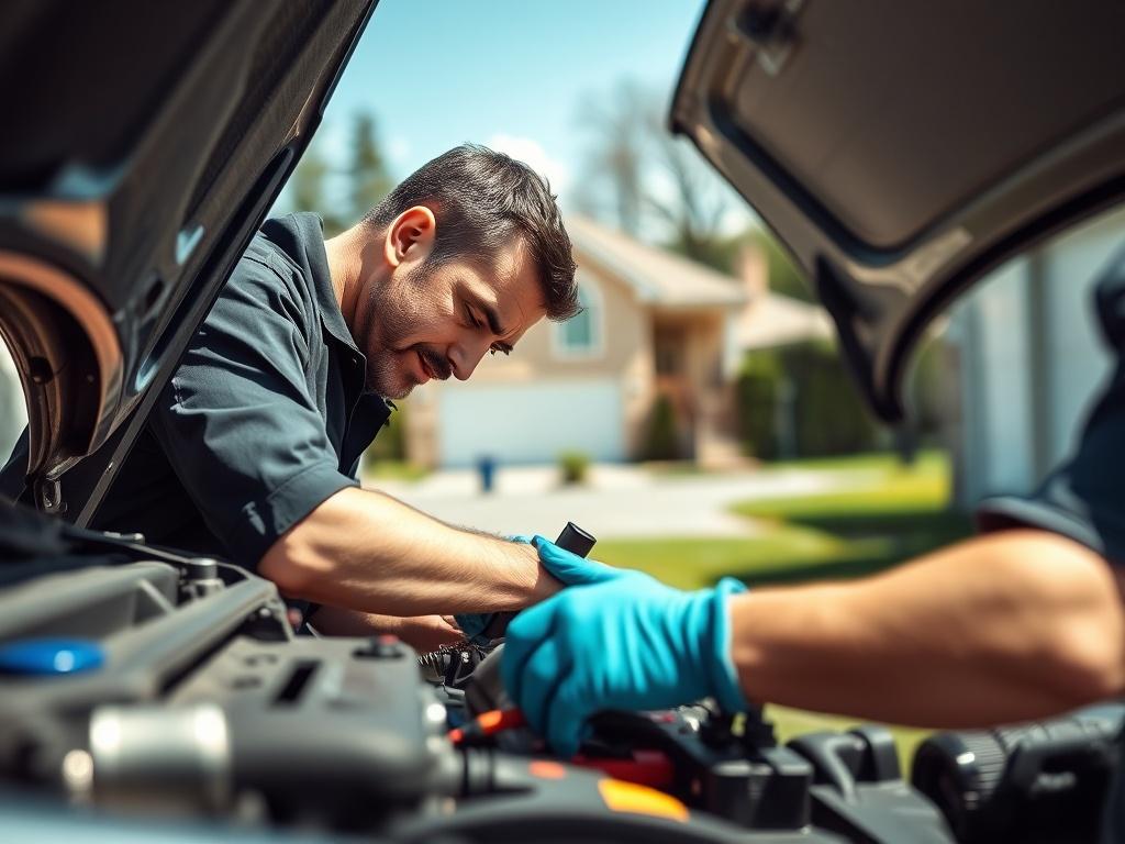 A close-up shot of a mechanic performing an oil change on a car in a driveway. The mechanic is focused on the task, with oil change tools and equipment visible. The background is a residential area, showcasing a suburban environment. The lighting is natural, reflecting a sunny day, with the primary color theme of rgb(50, 170, 39) subtly incorporated into the scene.