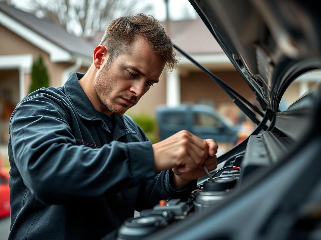 A skilled mechanic working on a car in a driveway,