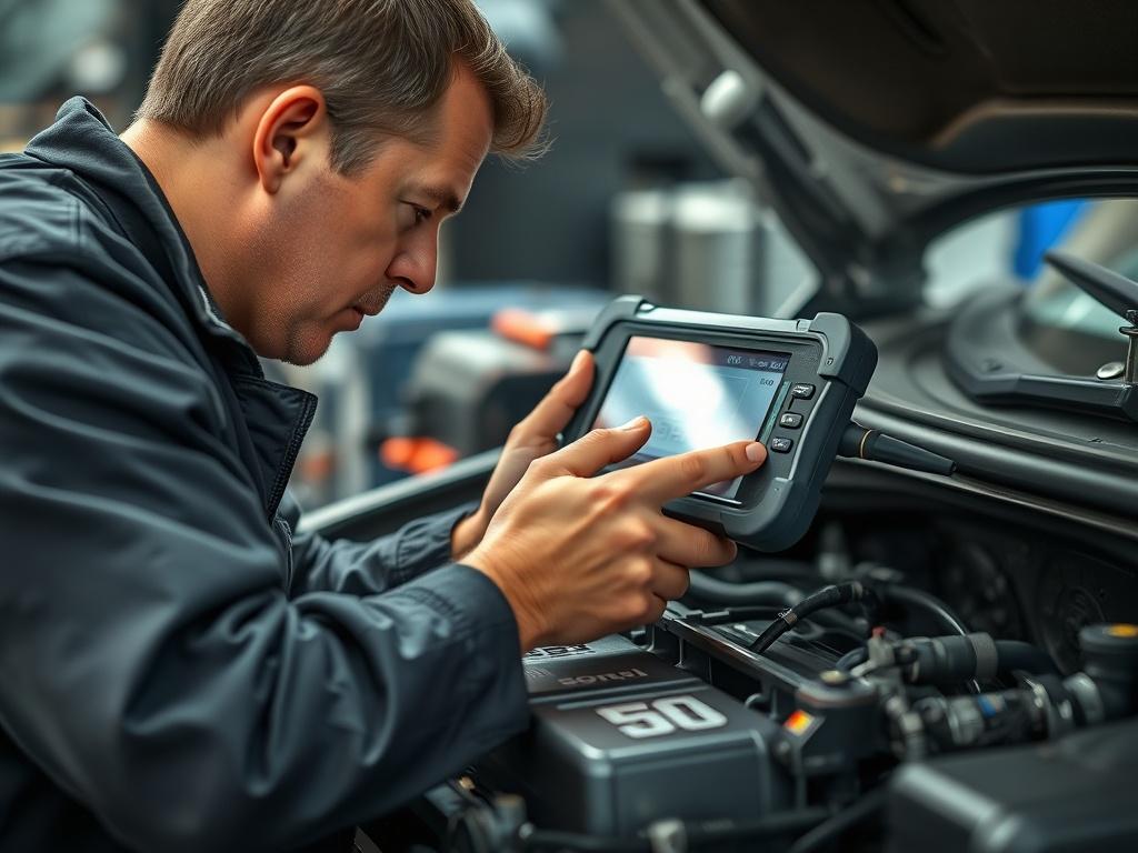 Close up shot of a mechanic using a diagnostic tool