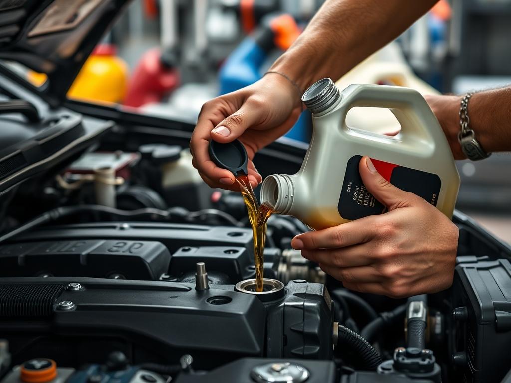 Close up shot of a mechanic pouring fresh oil into