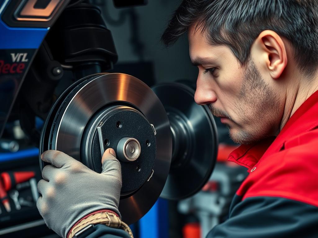 Detailed close up of a mechanic inspecting a car brake