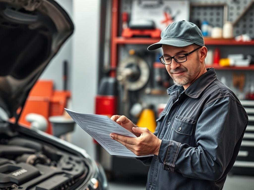 A mechanic reviewing a checklist after completing repairs, standing next