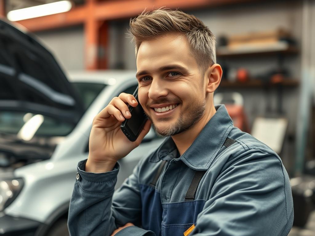A mechanic on the phone, discussing a car repair appointment,