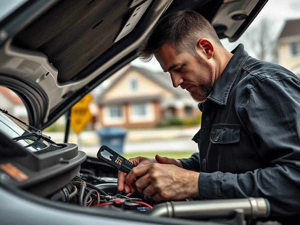 A mobile mechanic working diligently on a car, performing repairs