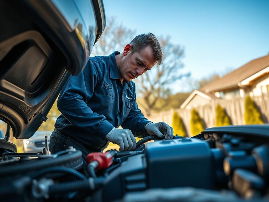 A close-up shot of a mobile mechanic working on a vehicle in a driveway. The mechanic is focused on repairing the engine, surrounded by tools and equipment. The background features a suburban setting with trees and a clear blue sky, emphasizing the mobile aspect of the service. The image should be shot in hyper-realistic style with a shallow depth of field, highlighting the mechanic and the vehicle.