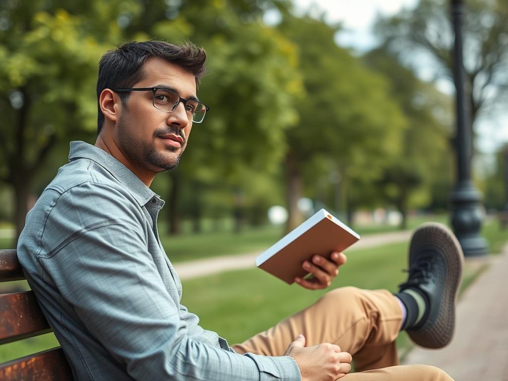 A close-up of a person sitting on a park bench, looking contemplative. The individual is gently bouncing their leg while holding a small notebook, symbolizing the process of managing stimming. The background is a softly blurred park setting, with green trees and a clear sky, all rendered in hyper-realistic detail. The image should emphasize the person's expression of calmness and focus, capturing a moment of self-reflection.