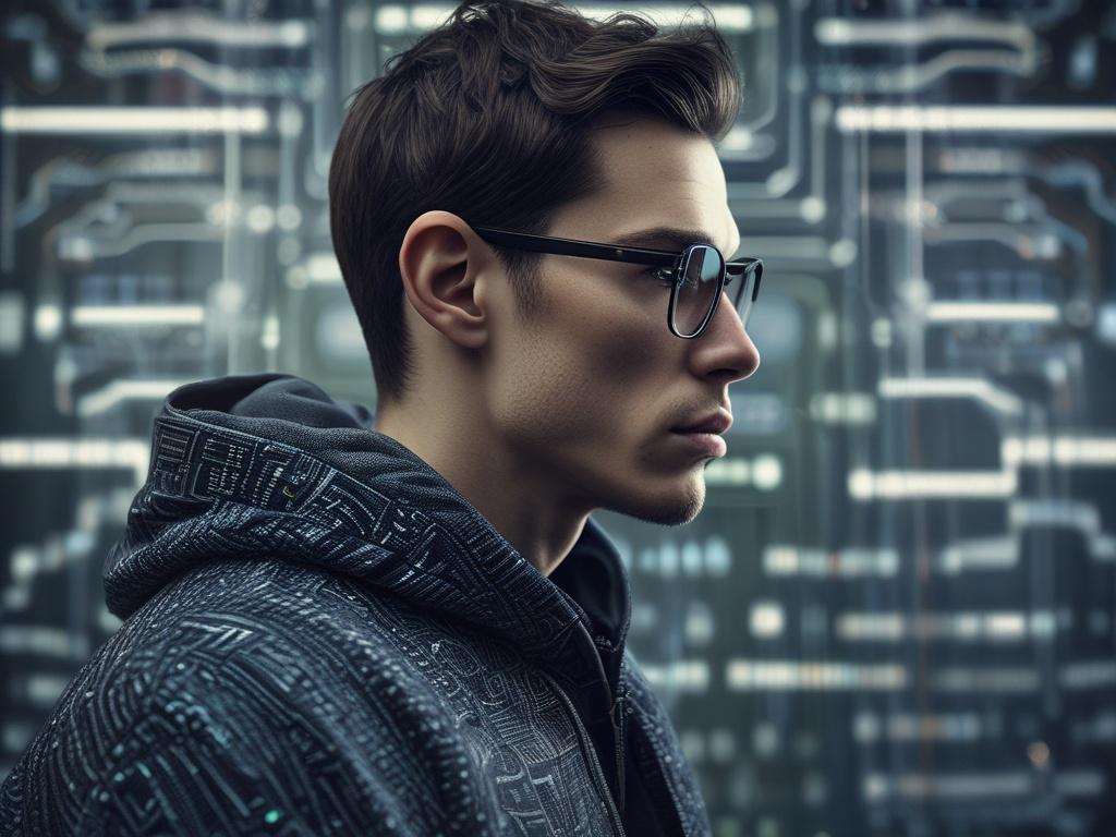 A close-up portrait of a thoughtful person looking contemplative, surrounded by digital elements like circuit patterns and floating data symbols, set against a blurred background of technology, captured with a 45mm f/1.2 lens.