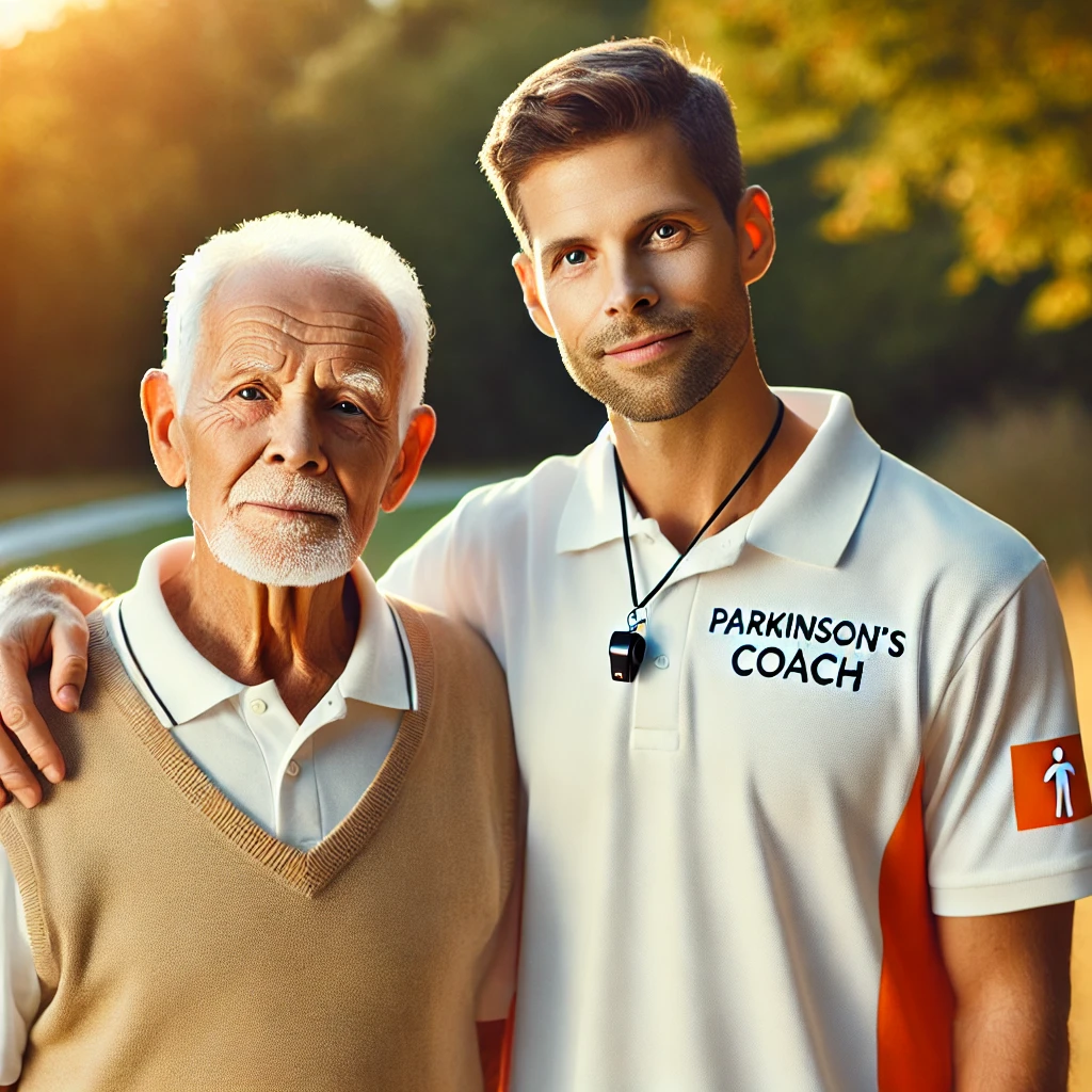 dall·e 2025-03-16 11.28.20 - a feebler elderly man with parkinson’s disease standing next to a younger man wearing a golf shirt with the logo 'parkinson’s coach' on it, without an.webp