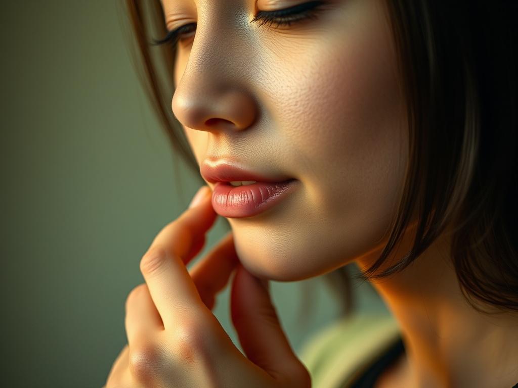 A close-up shot of a person gently stroking their chin, looking calm and focused. The background is softly blurred, emphasizing the subject. The color palette features shades of green, harmonizing with the #1C6220 primary color. The lighting is warm and inviting, creating a serene atmosphere.