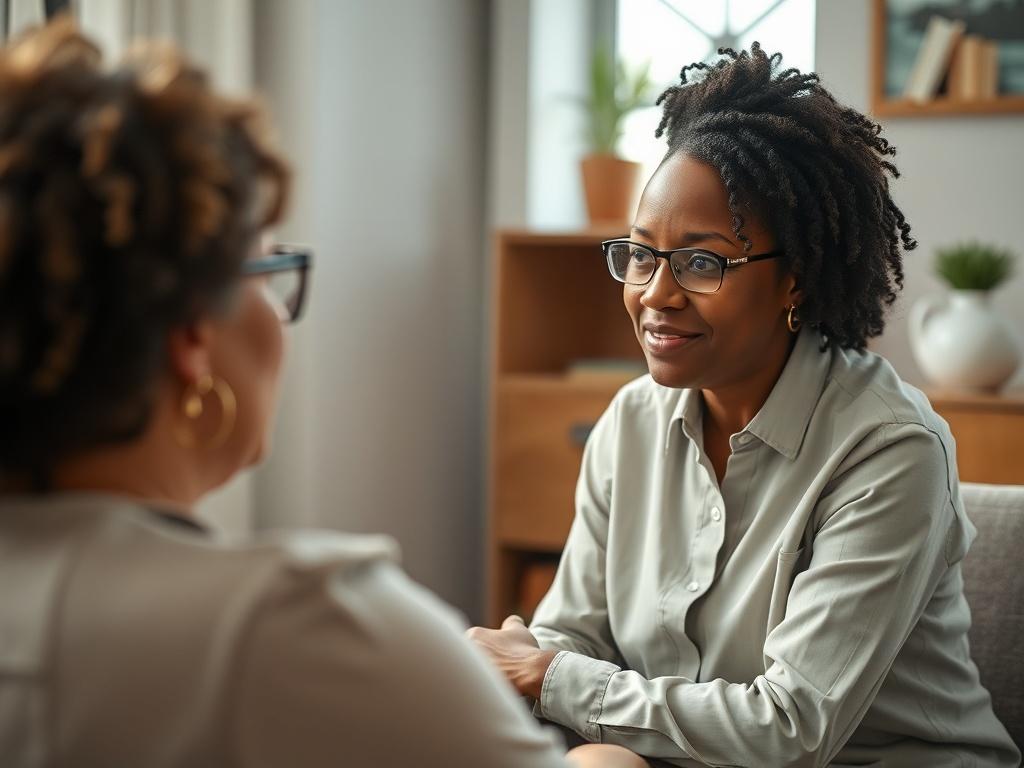 A close-up shot of a serene counseling session at New Rock of Faith Church. The image features a compassionate counselor listening intently to a client, creating a safe and welcoming space. Soft lighting and calming decor enhance the atmosphere of trust and support.