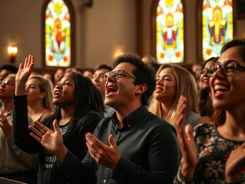 A close-up shot of a vibrant worship service at New Rock of Faith Church. The image captures a diverse group of congregants singing joyfully, with raised hands and smiling faces. The warm, inviting atmosphere is highlighted by soft, natural lighting filtering through stained glass windows.