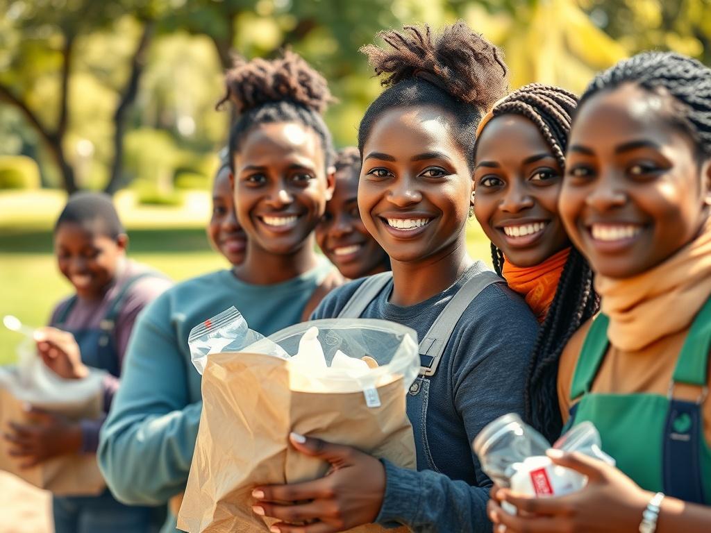A close-up shot of a diverse group of volunteers working together in a community outreach program. The scene captures their smiles and dedication as they distribute food and supplies to families in need. The background shows a sunny day with a park setting, emphasizing a sense of hope and community spirit.