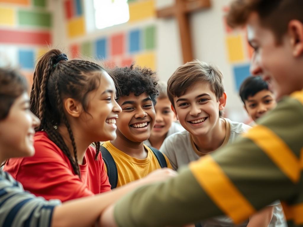 A close-up of a group of teenagers engaged in a fun activity, such as a game or discussion, showcasing joy and camaraderie in a church setting, with vibrant colors around.