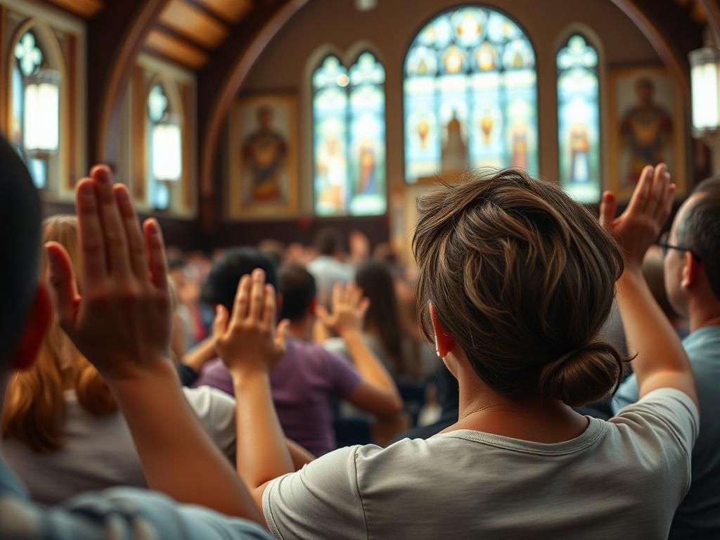 A close-up of a congregation engaged in worship, with hands raised in praise, showcasing unity and devotion, set against the background of a beautifully decorated church interior.