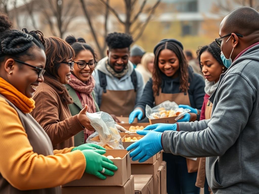A close-up shot of volunteers distributing food at a community event, capturing the warmth and engagement of people helping others, with a focus on diverse individuals working together.