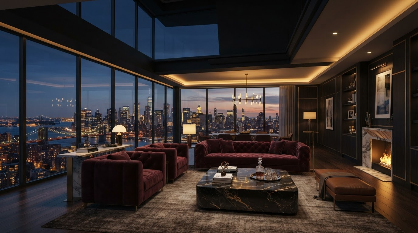 Luxury penthouse living room at dusk with floor-to-ceiling windows overlooking a city skyline