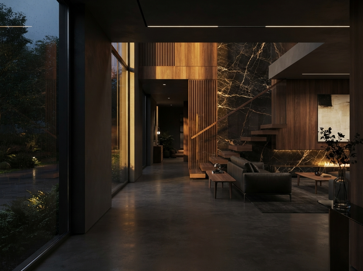 Photorealistic 3D walkthrough render of a modern luxury interior