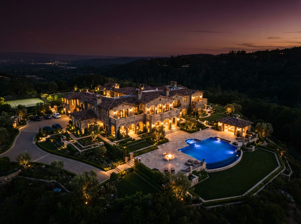 Aerial twilight drone view of an illuminated luxury estate