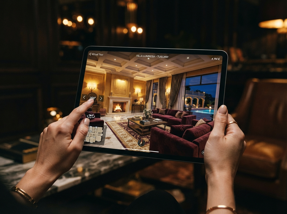 Luxury villa interior displayed on a tablet during a private virtual viewing