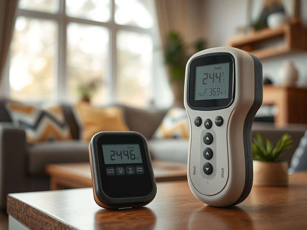 A close-up shot of a radon testing device placed in a home environment, showcasing the device's display with readings. The background should be a cozy living room setting with soft natural light filtering through a window, highlighting the importance of clean air in the home.