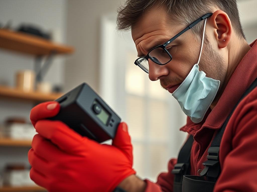 A close-up shot of a technician performing post-mitigation radon testing in a home. The technician should be shown using testing equipment with a focused expression, symbolizing diligence and care in ensuring air quality.