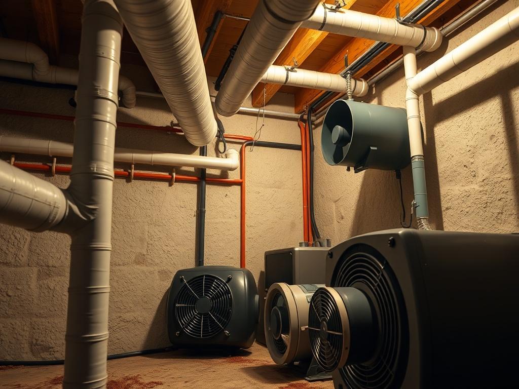 A hyper-realistic image of a radon mitigation system installed in a basement, showing pipes and fans in action. The setting should be well-lit and organized, emphasizing the efficiency and professionalism of radon mitigation.