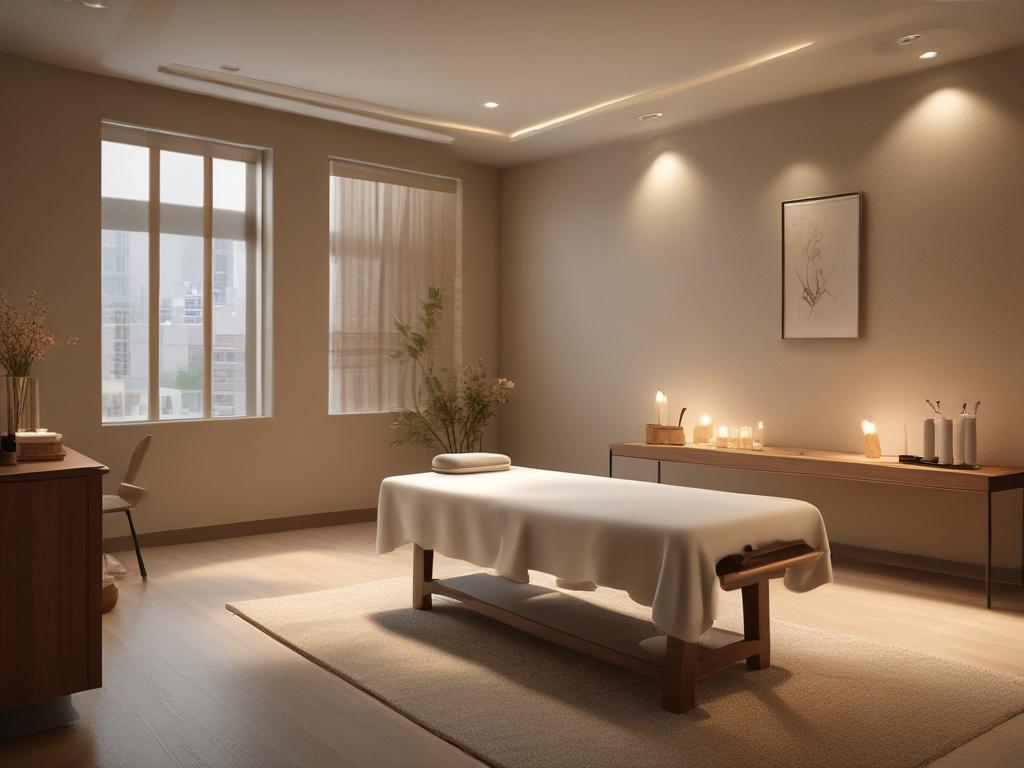 A serene and inviting massage room, featuring soft lighting and
