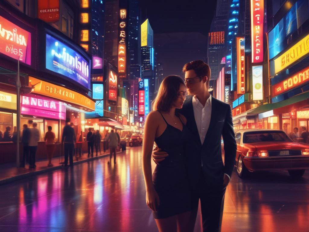 A vibrant city nightlife scene featuring a stylish escort and