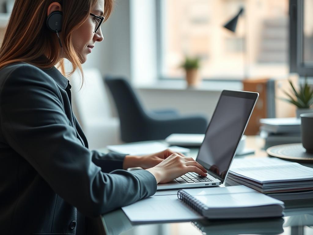 A close-up shot of a professional virtual assistant working diligently on a laptop, surrounded by organized documents, with a clean and modern workspace. The background is softly blurred to emphasize the assistant's focus and dedication, shot with a 45mm f/1.2 lens.