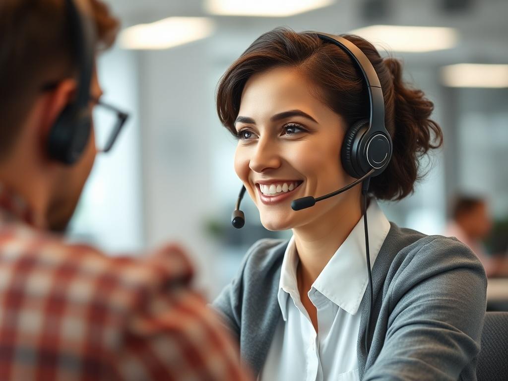 A close-up shot of a customer support representative wearing a headset, smiling and engaging with a customer on a call. The background features a supportive and collaborative office environment, captured with a 45mm f/1.2 lens.