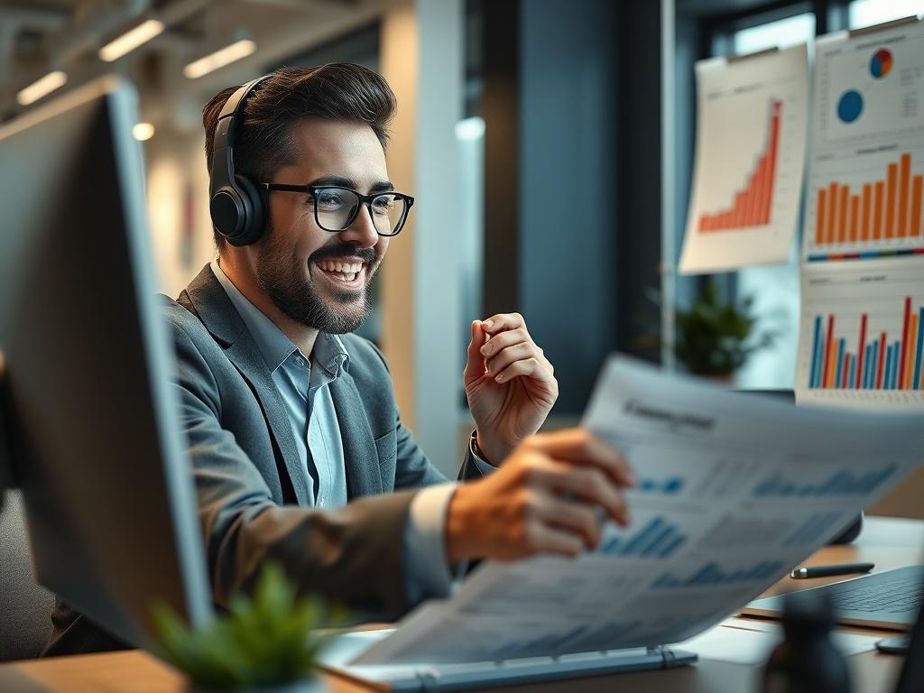 A close-up shot of a dynamic sales coordinator engaged in a video call with a client, surrounded by sales reports and charts. The environment reflects a modern office setting, showcasing professionalism and efficiency, captured with a 45mm f/1.2 lens.