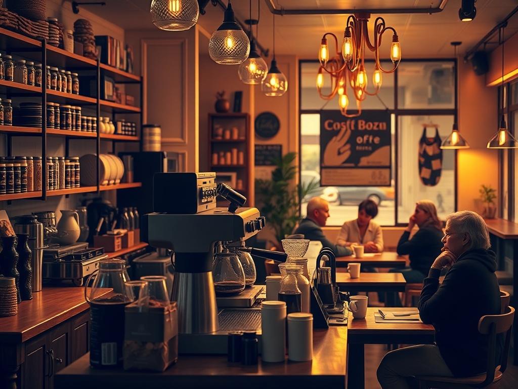 A warm, inviting coffee shop scene featuring a barista preparing