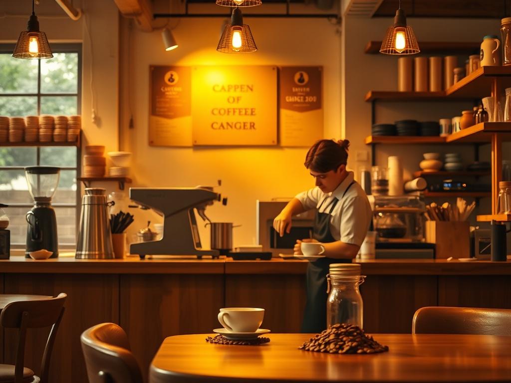 A cozy coffee shop interior with soft lighting and wooden