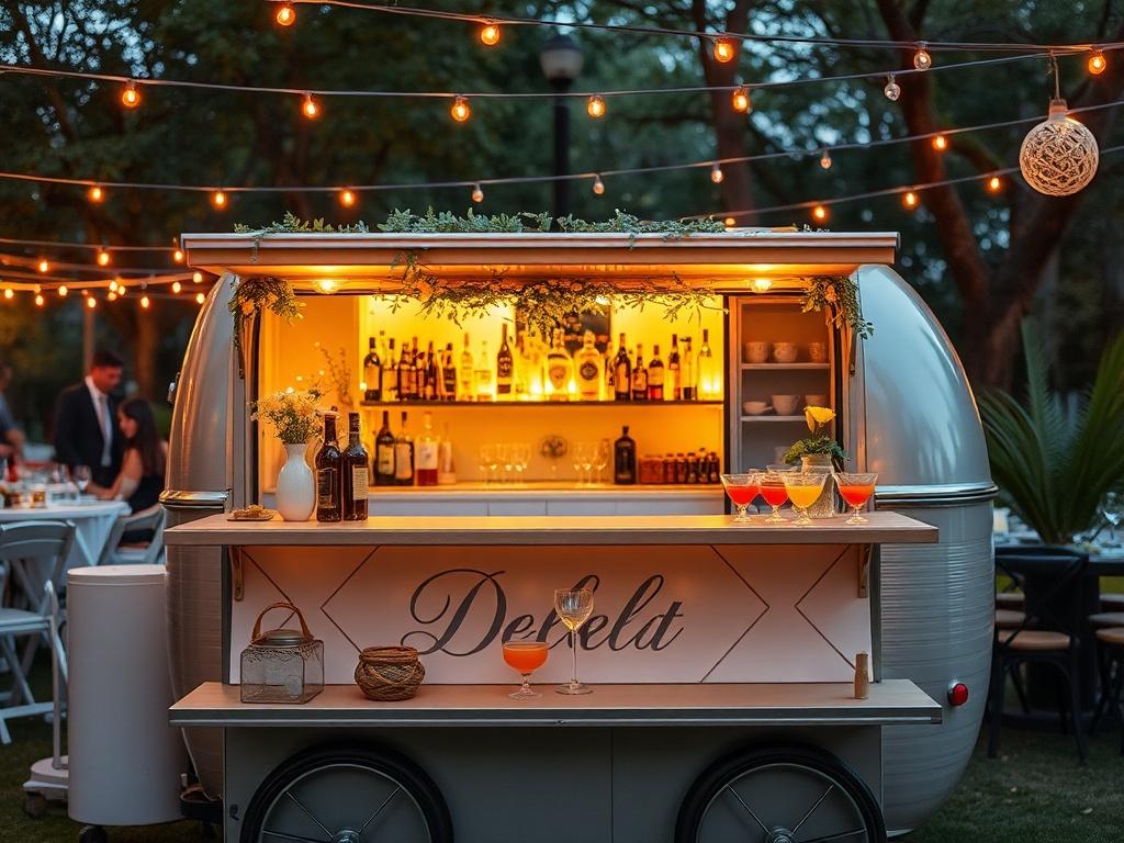 A beautifully decorated mobile bar set up at an outdoor