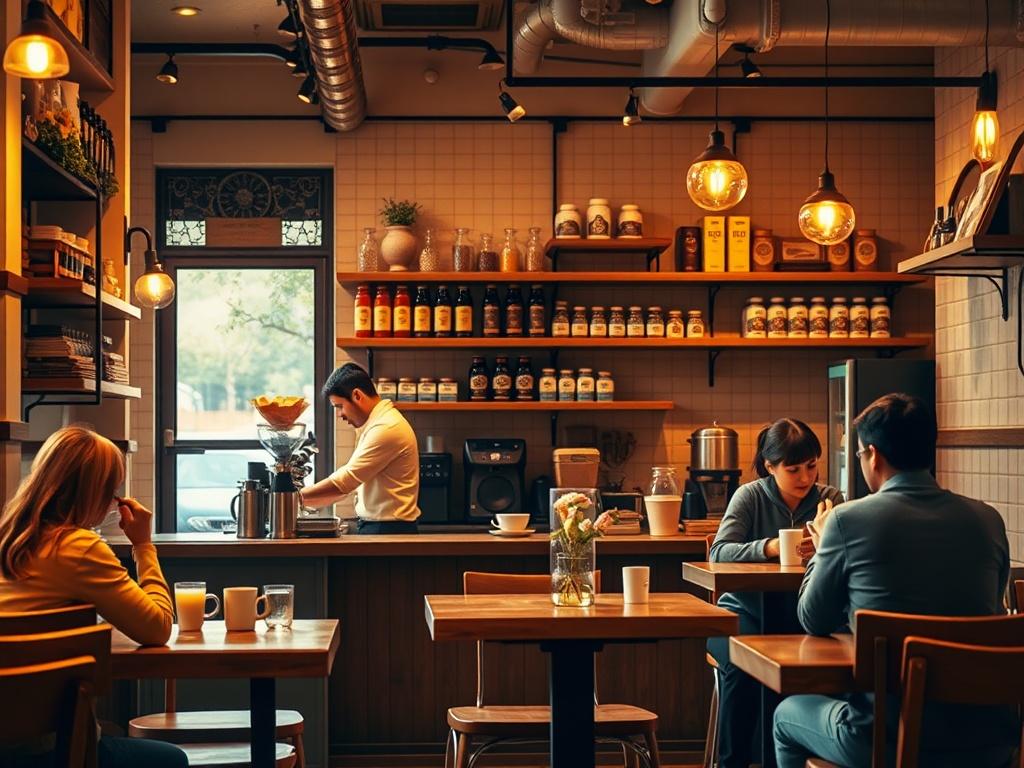 A cozy café scene featuring a barista preparing a coffee