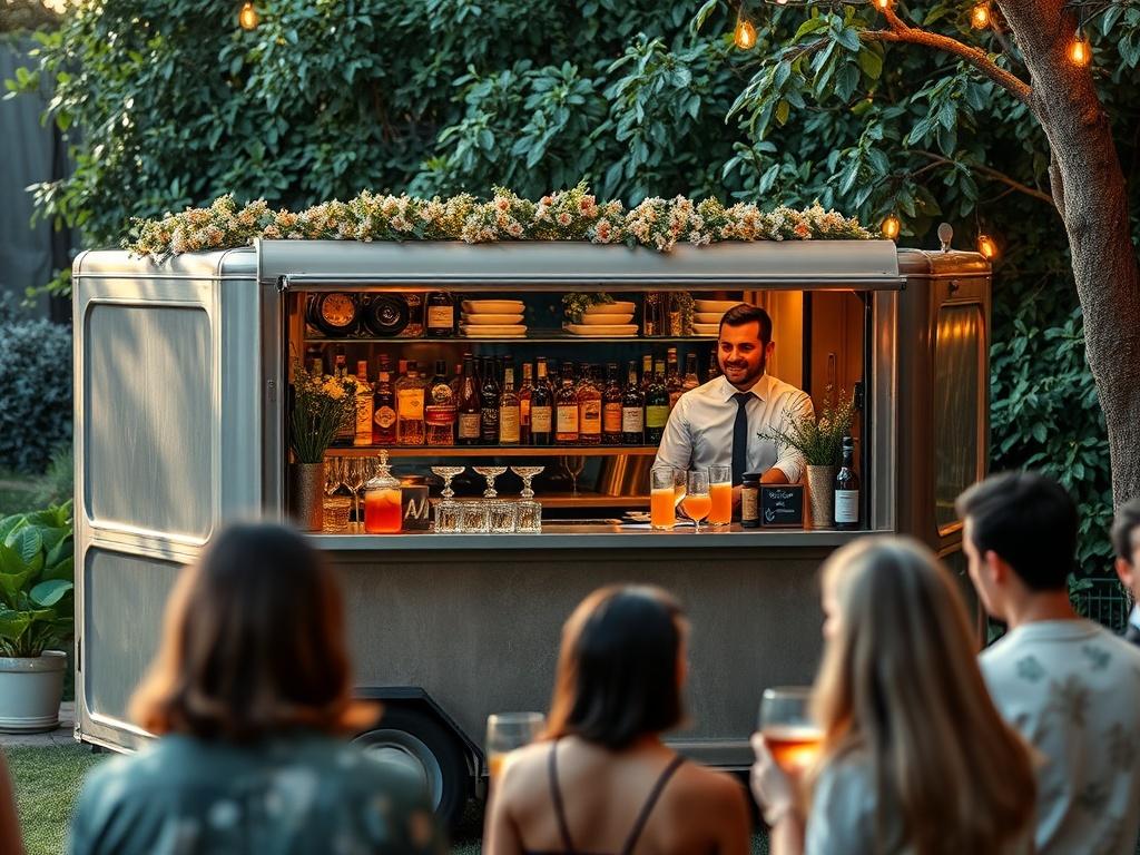 A luxurious mobile bar setup at an outdoor event, adorned